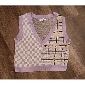 Sweater Vest Women's Medium Plaid Purple Academic College Preppy Checkered Cropp